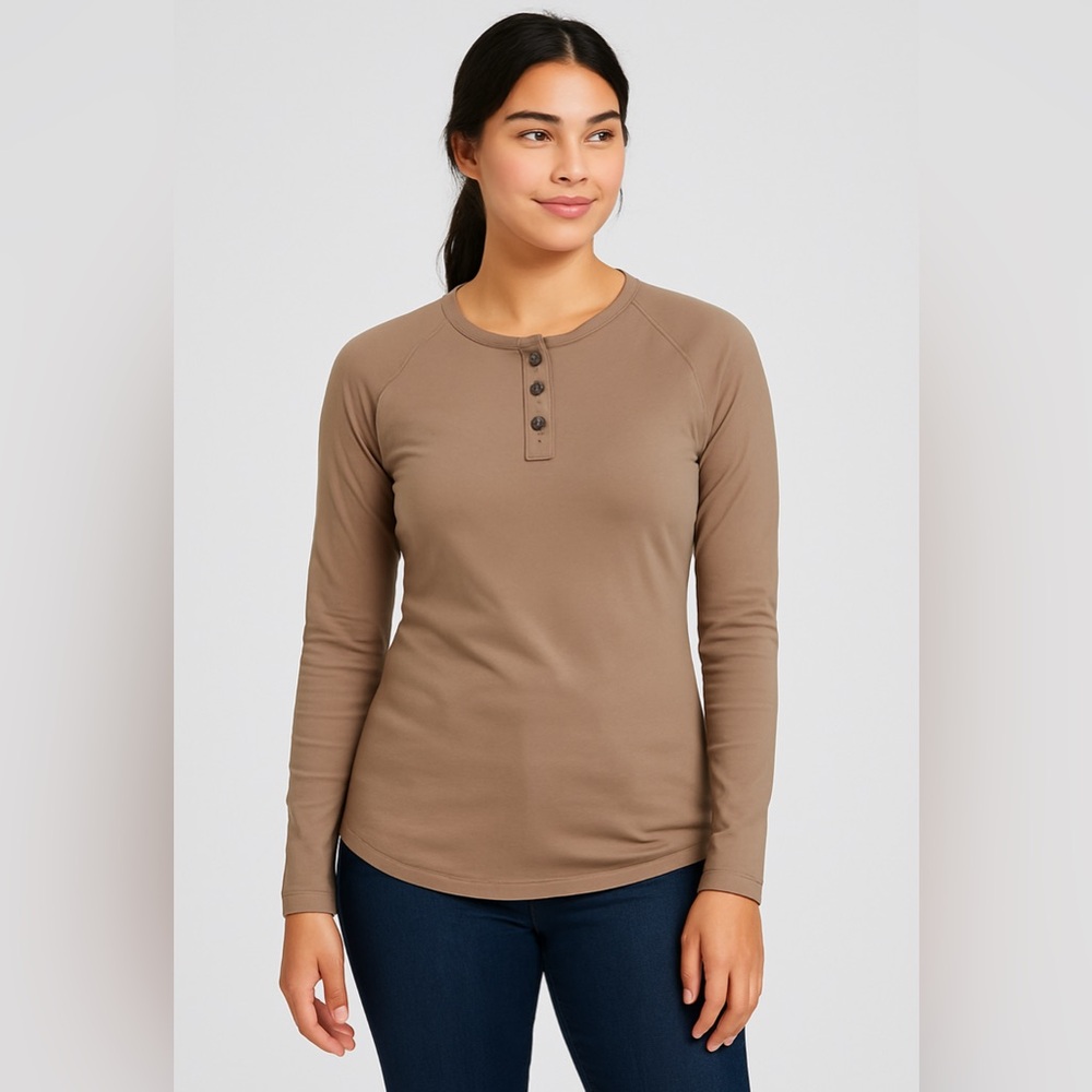 Alpha Forward Women’s‎ Fitted Henley Top - Size Large Taupe Brown New